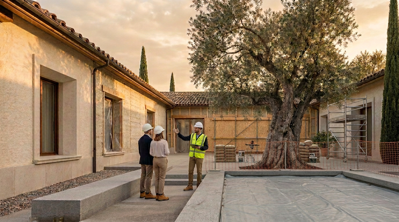 Homesymbio coordinator explaining the hemp-lime construction stages to a client couple in the courtyard of a villa under construction