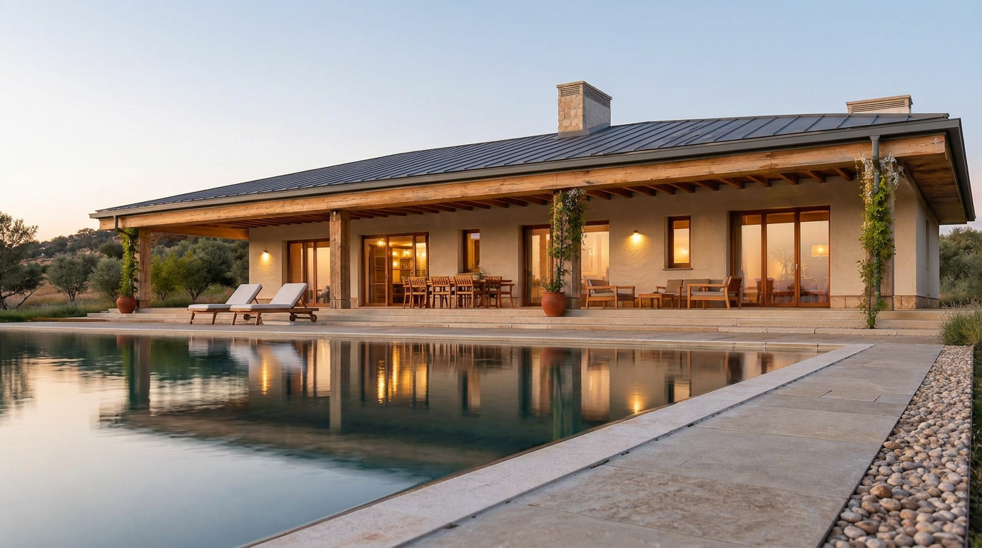 Hemp-lime Portuguese home in late afternoon light surrounded by cork oaks