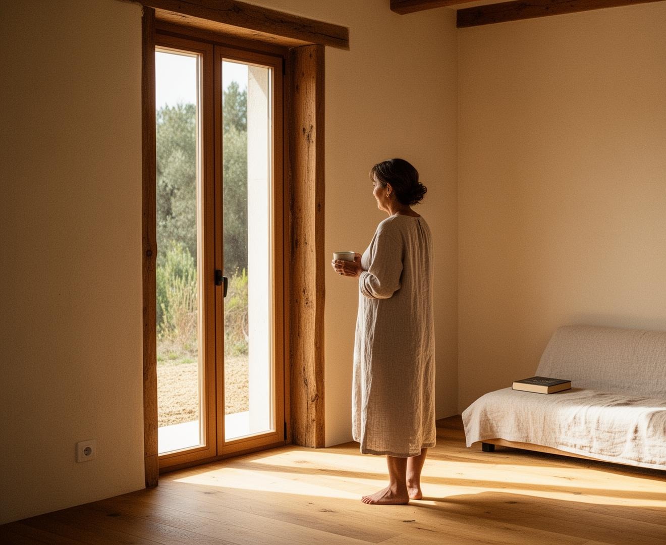 Quiet interior corner with a tall timber window and a single oak bench in a hemp-lime home