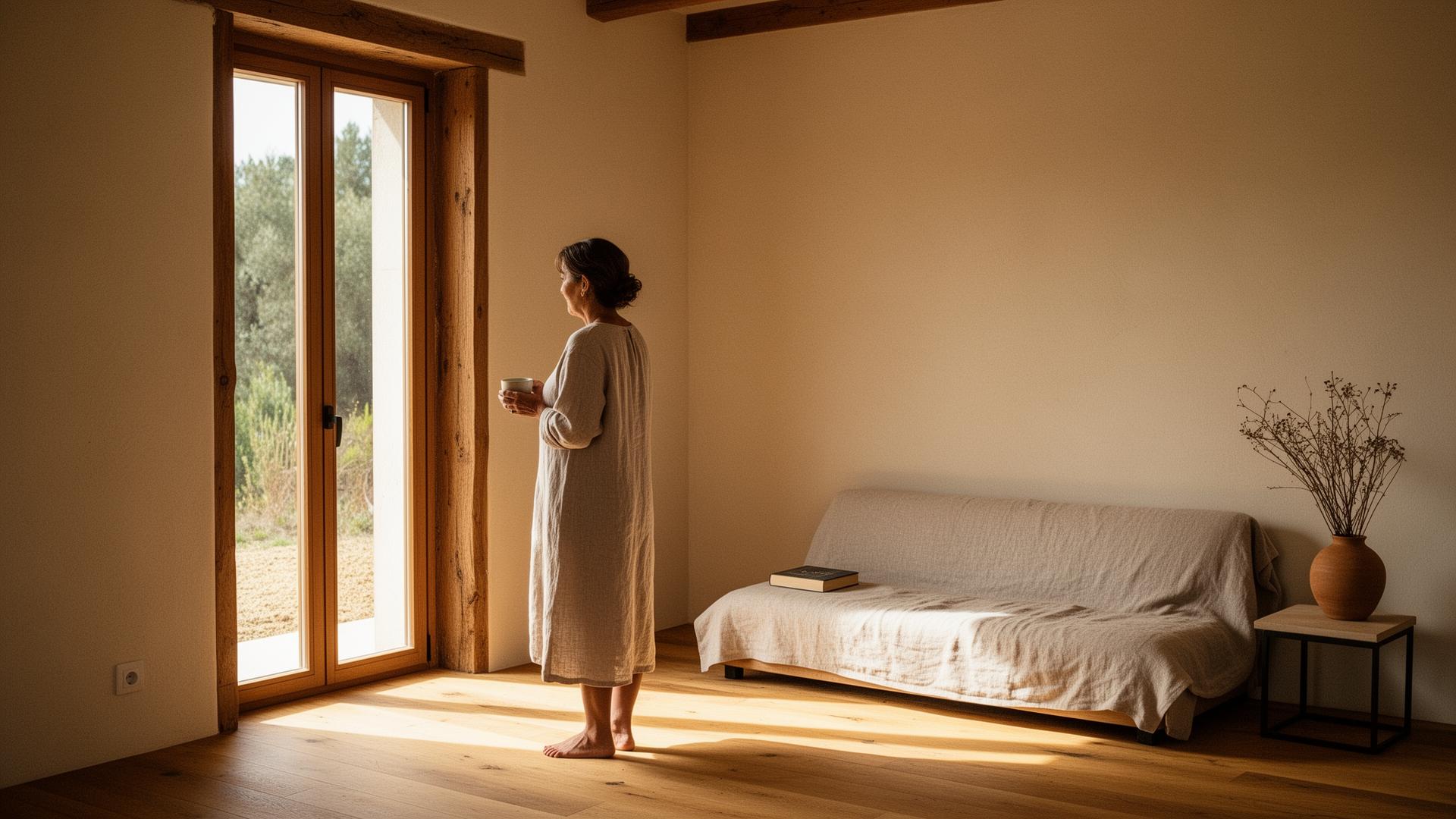 Woman in linen holding a ceramic cup by a tall timber-framed window in a hemp-lime home