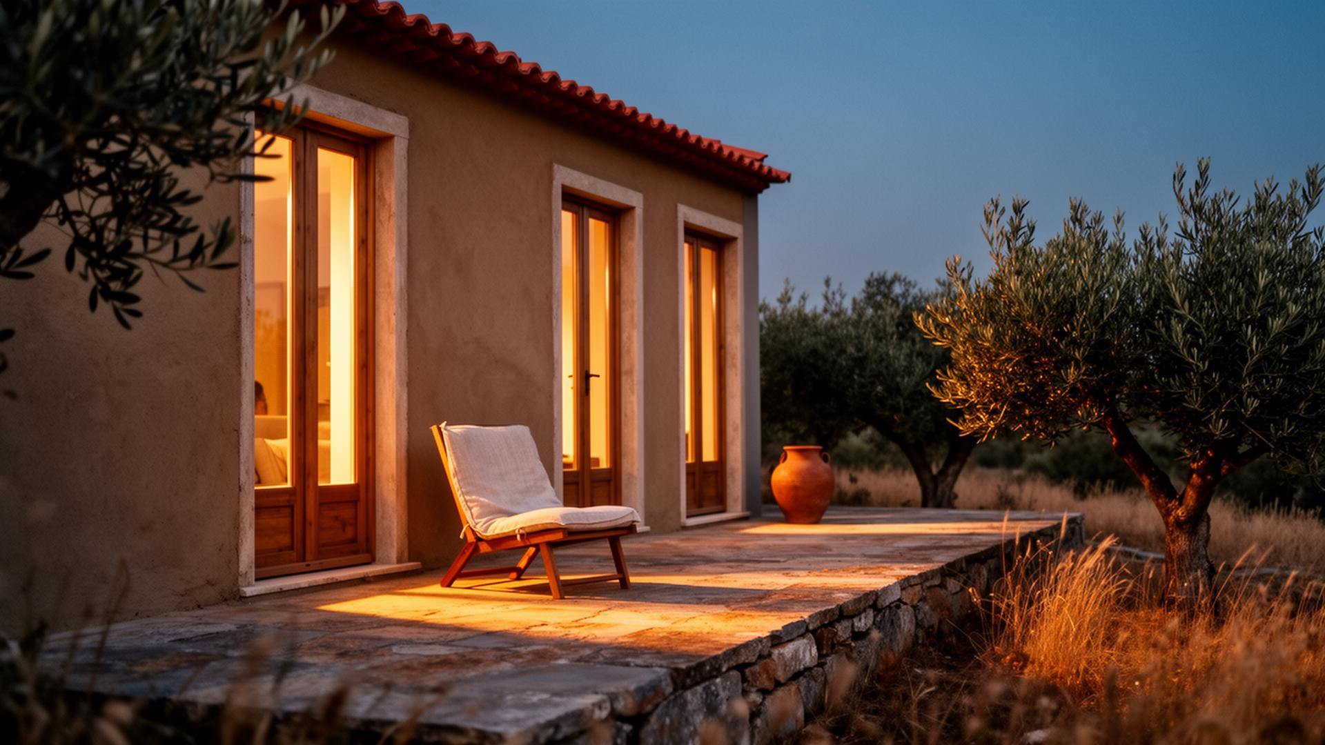 Hemp-lime Portuguese home at dusk, warm interior light spilling onto a stone terrace