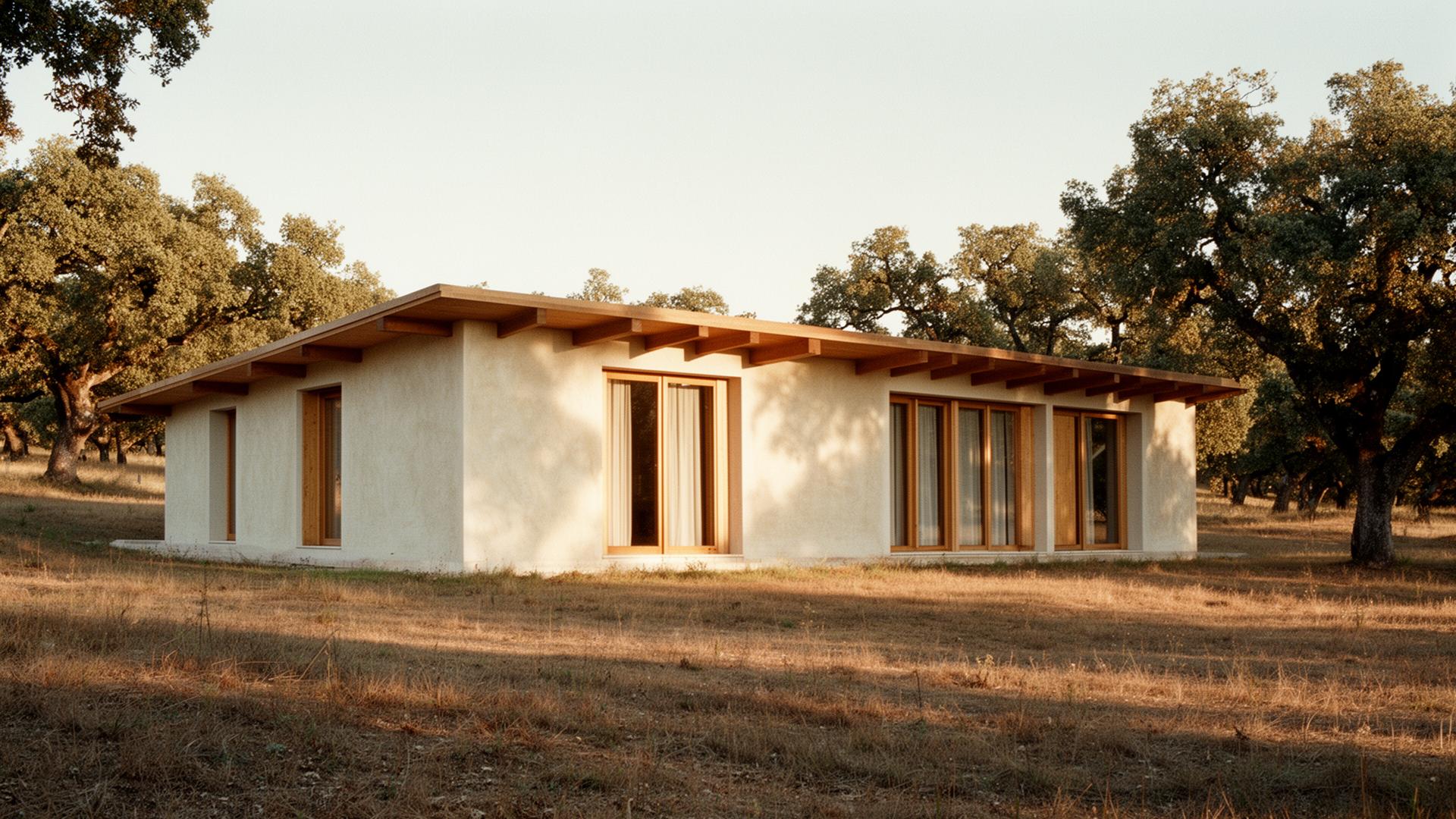 Hemp-lime Portuguese home in late afternoon light surrounded by cork oaks