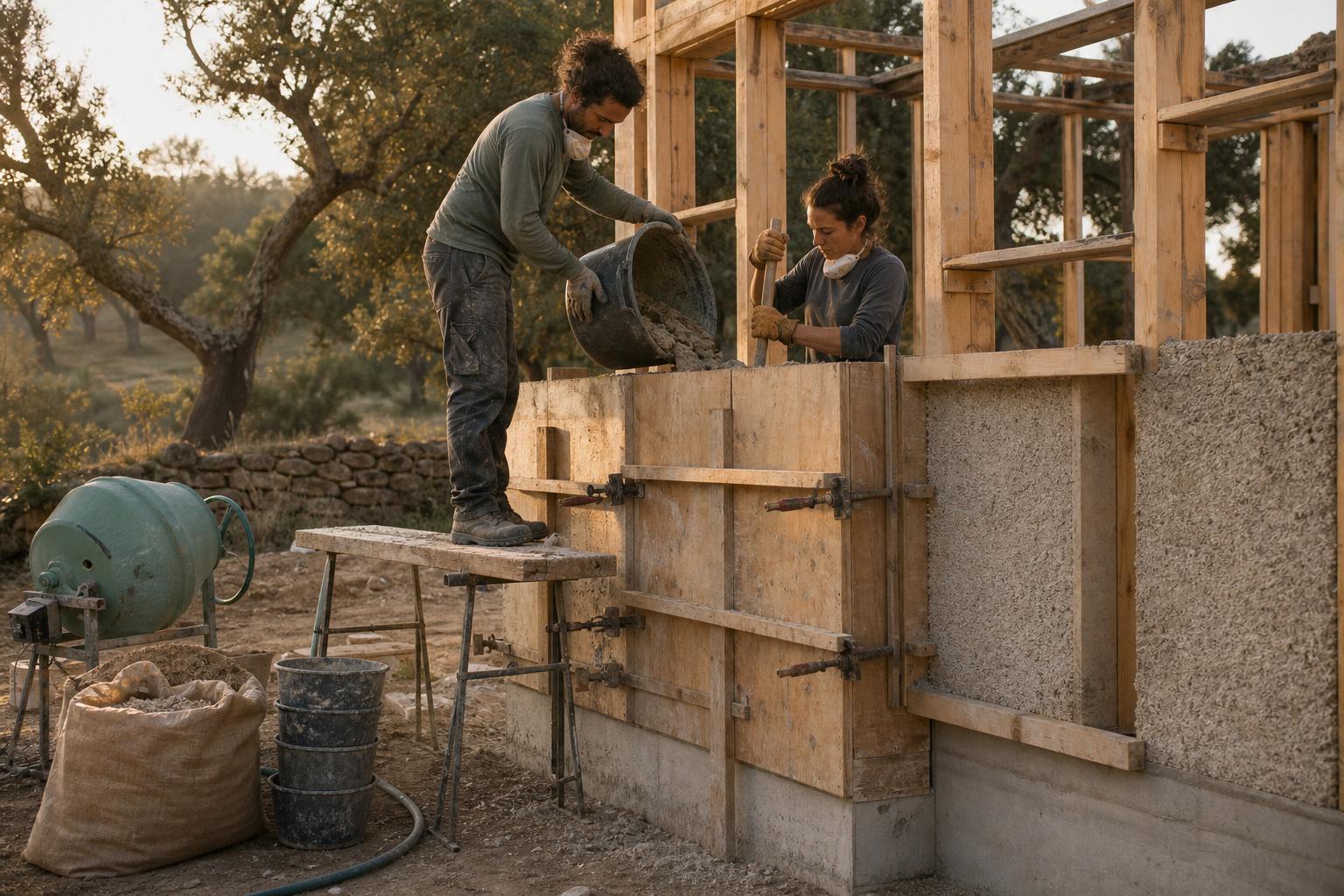Craftspeople hand-troweling a hemp-lime wall on a Portuguese construction site at golden hour