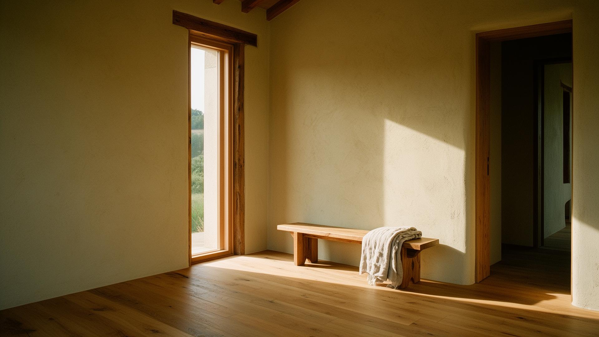 Quiet interior corner with a tall timber window and a single oak bench in a hemp-lime home